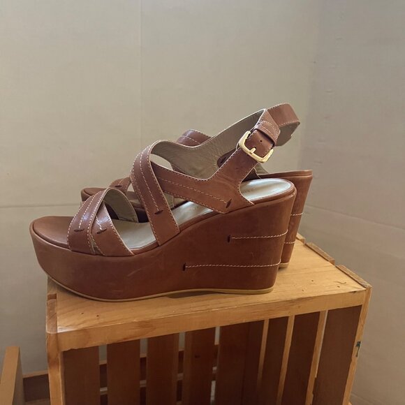 Stuart Weitzman Size 8.5 Brown Leather Strappy Slingback Wedge Heel Sandals - Picture 13 of 16